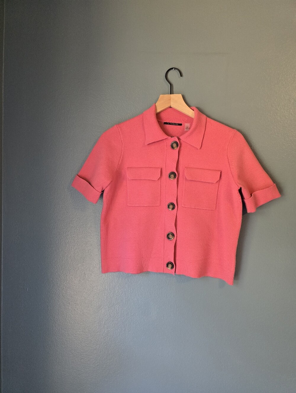 Tahari Bright Pink Short-Sleeve Button Front Knit Top